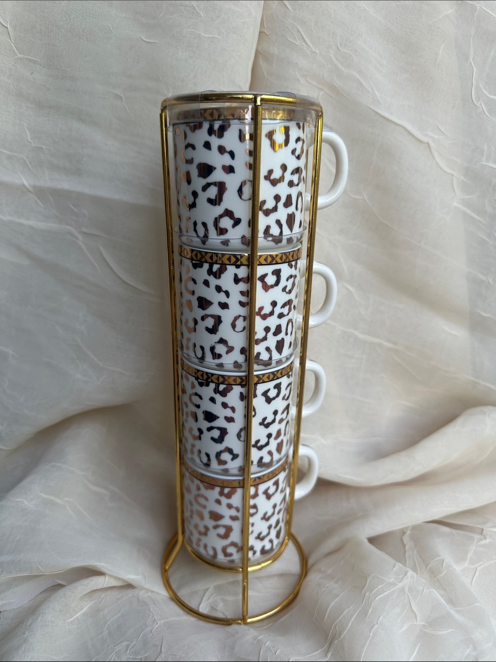 NEW! Grace's Teaware Gold Leopard Print Stackable Espresso Cups Set of 4 w/Stand - Picture 3 of 7